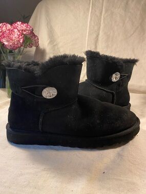 UGG Black Shearling Short Boot with Rhinestone Button Accent